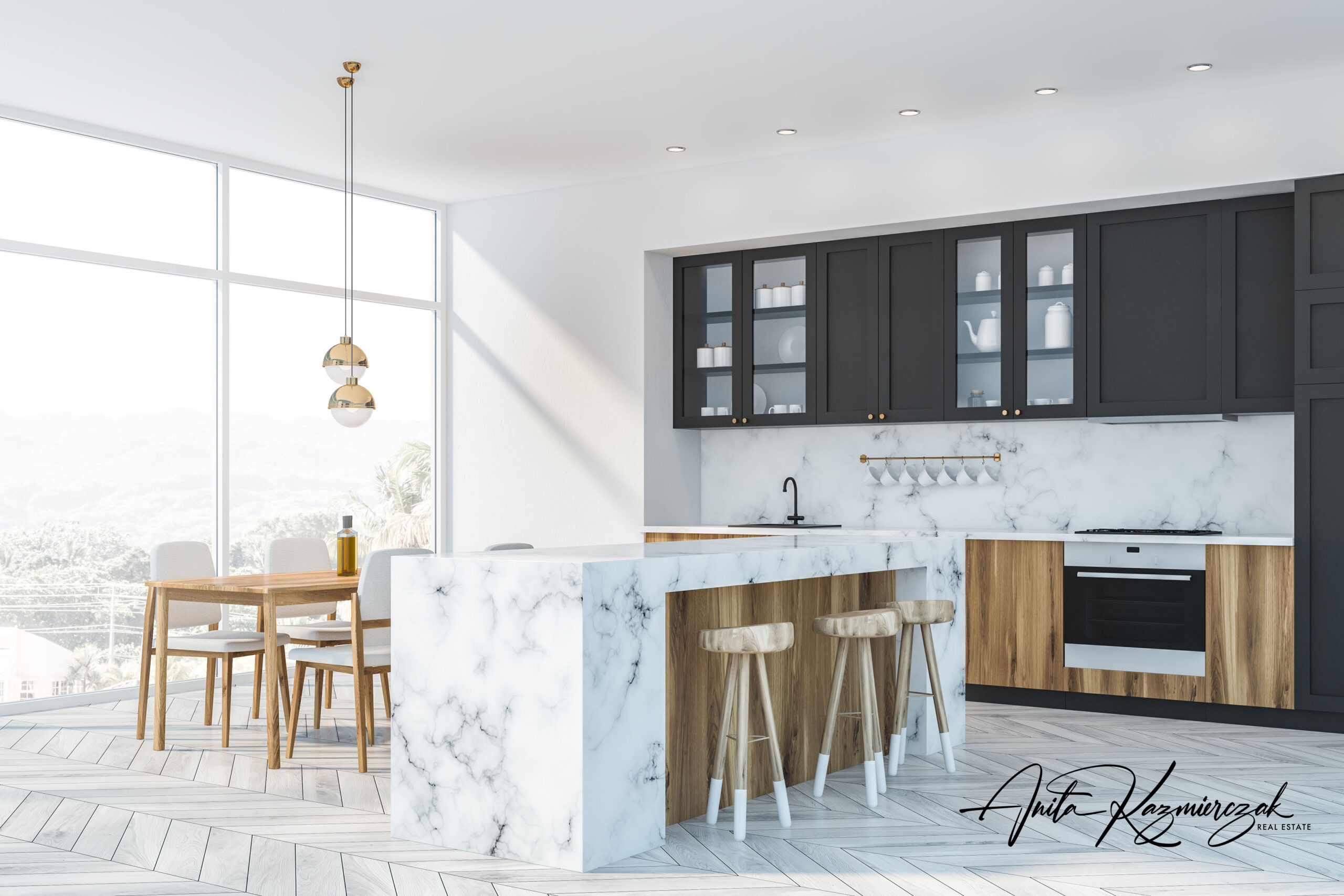 Corner of luxury kitchen with white and marble walls, wooden floor, large window, wooden countertops, gray cupboards, marble bar with stools and dining table with white chairs. 3d rendering